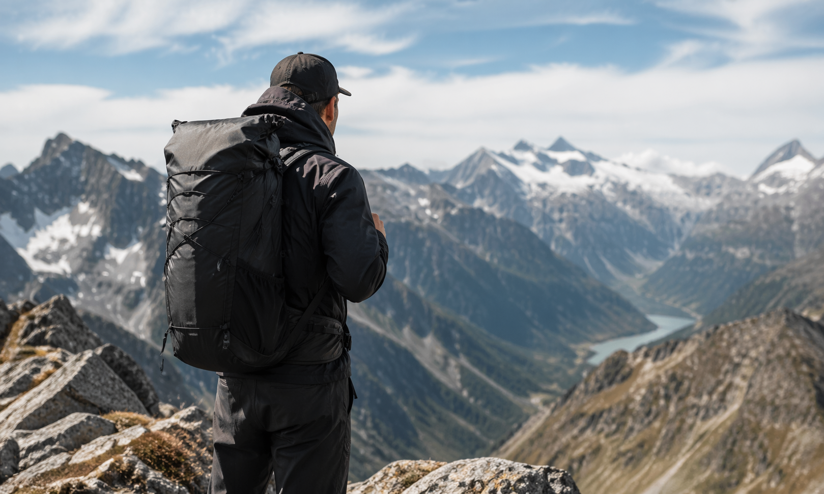 Hiker wearing the Alpine Pro 42L backpack on a mountain ridge
